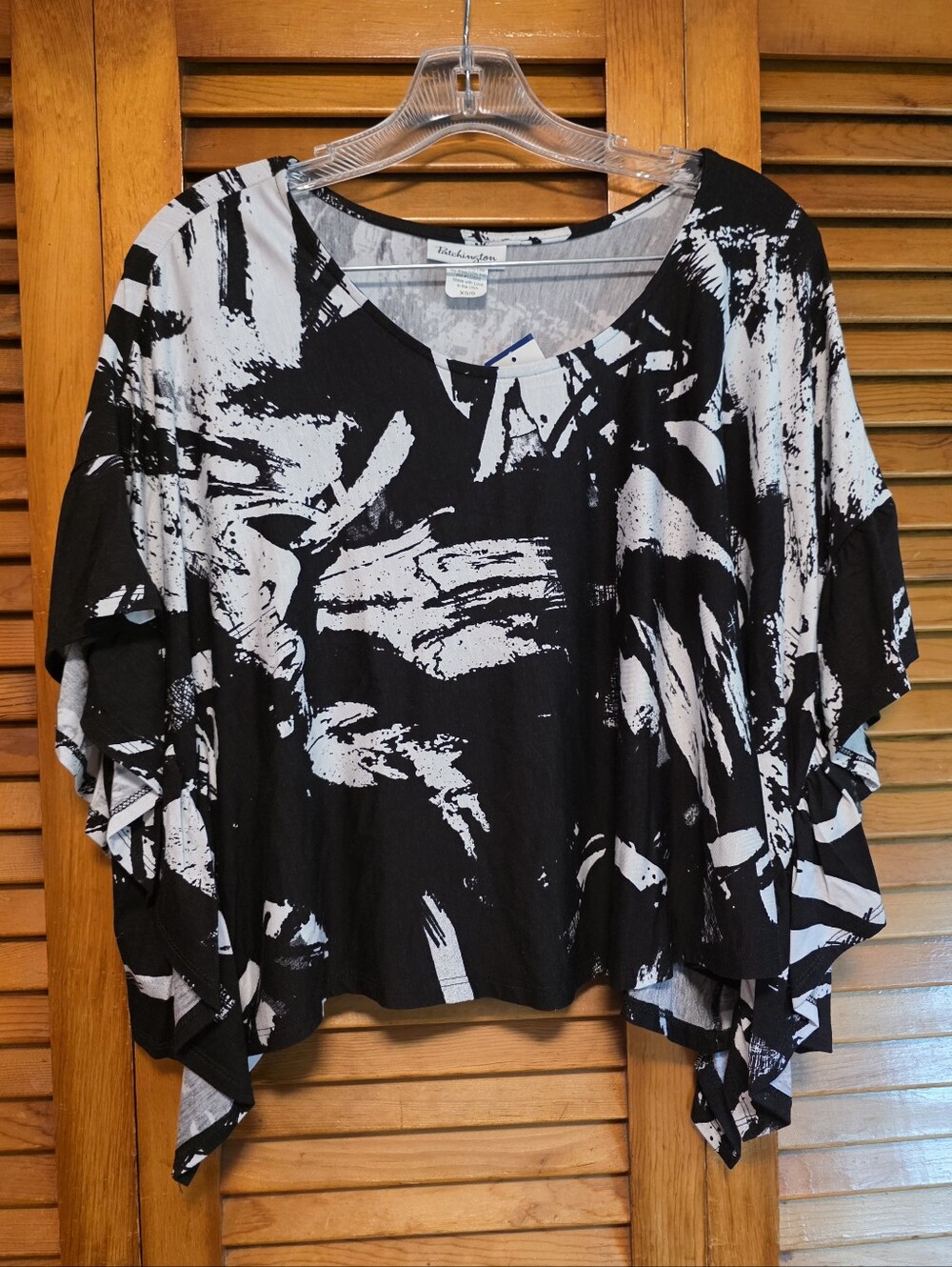 Patchington Black & White Abstract Brushstroke Batwing Poncho Top Size XS